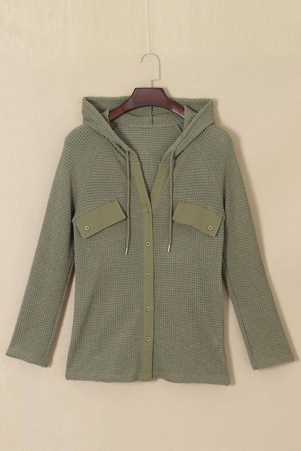 Waffle-Knit Button Up Drawstring Hoodie - Clothes For Her Online Store