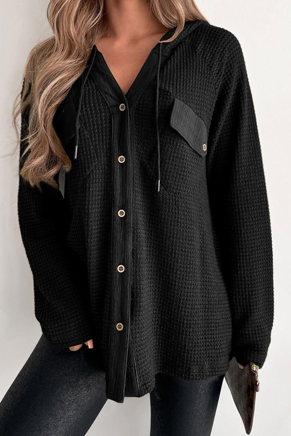 Waffle-Knit Button Up Drawstring Hoodie - Clothes For Her Online Store