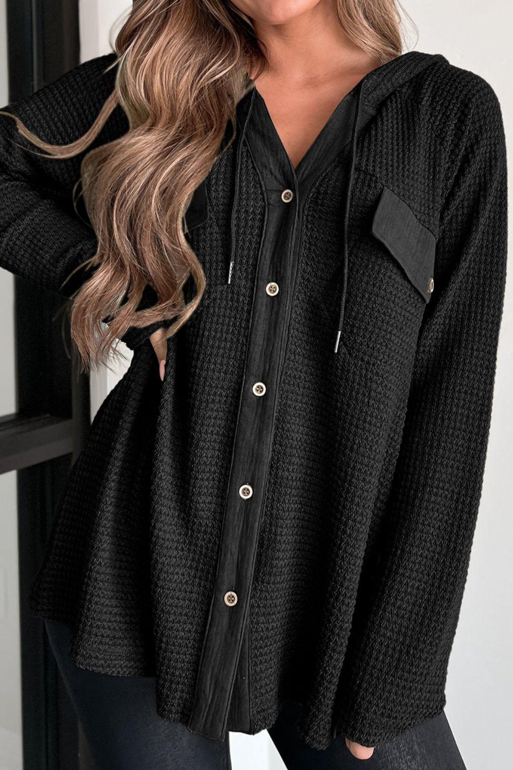 Waffle-Knit Button Up Drawstring Hoodie - Clothes For Her Online Store