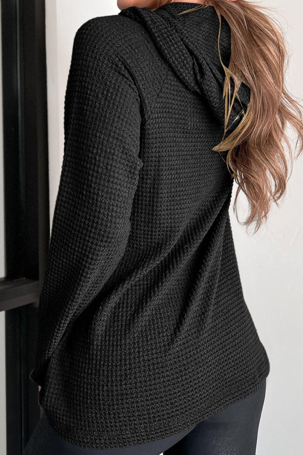 Waffle-Knit Button Up Drawstring Hoodie - Clothes For Her Online Store