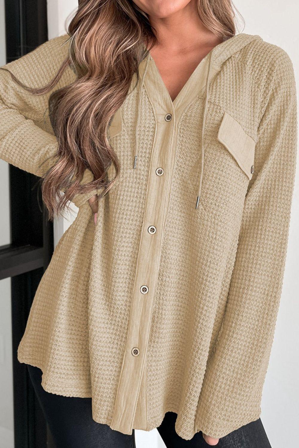 Waffle-Knit Button Up Drawstring Hoodie - Clothes For Her Online Store