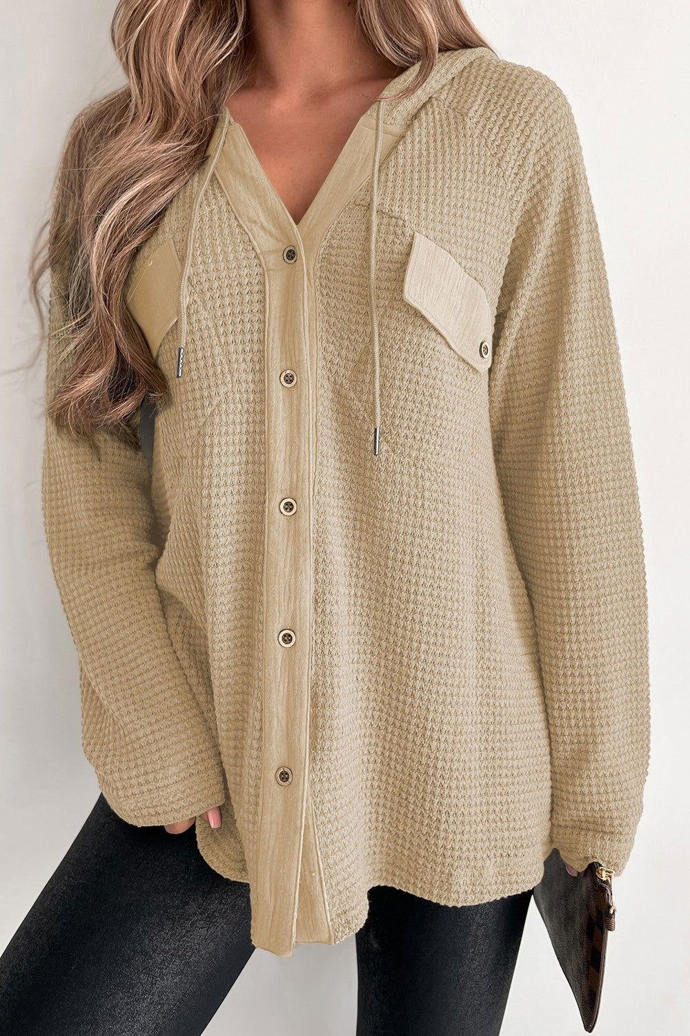 Waffle-Knit Button Up Drawstring Hoodie - Clothes For Her Online Store