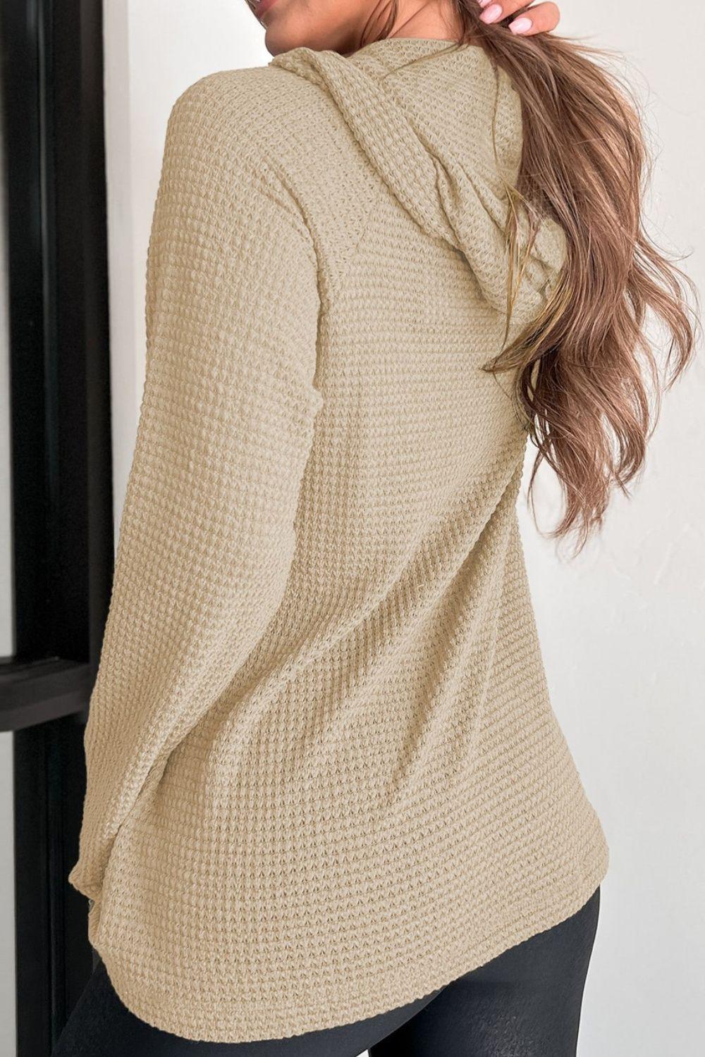 Waffle-Knit Button Up Drawstring Hoodie - Clothes For Her Online Store