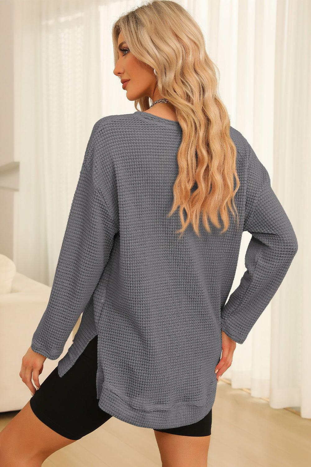 Waffle-Knit Round Neck Long Sleeve Sweatshirt - Clothes For Her Online Store