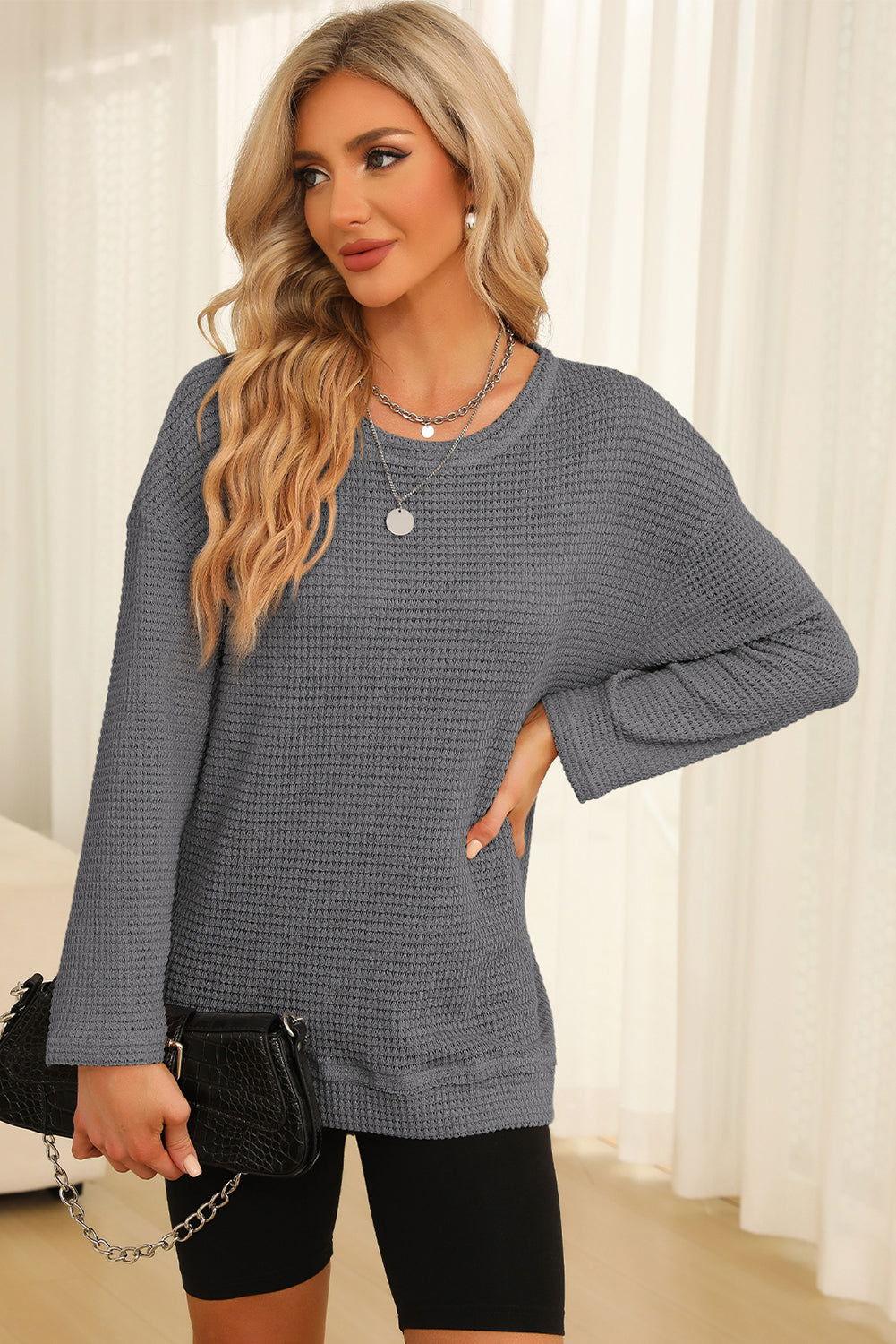 Waffle-Knit Round Neck Long Sleeve Sweatshirt - Clothes For Her Online Store