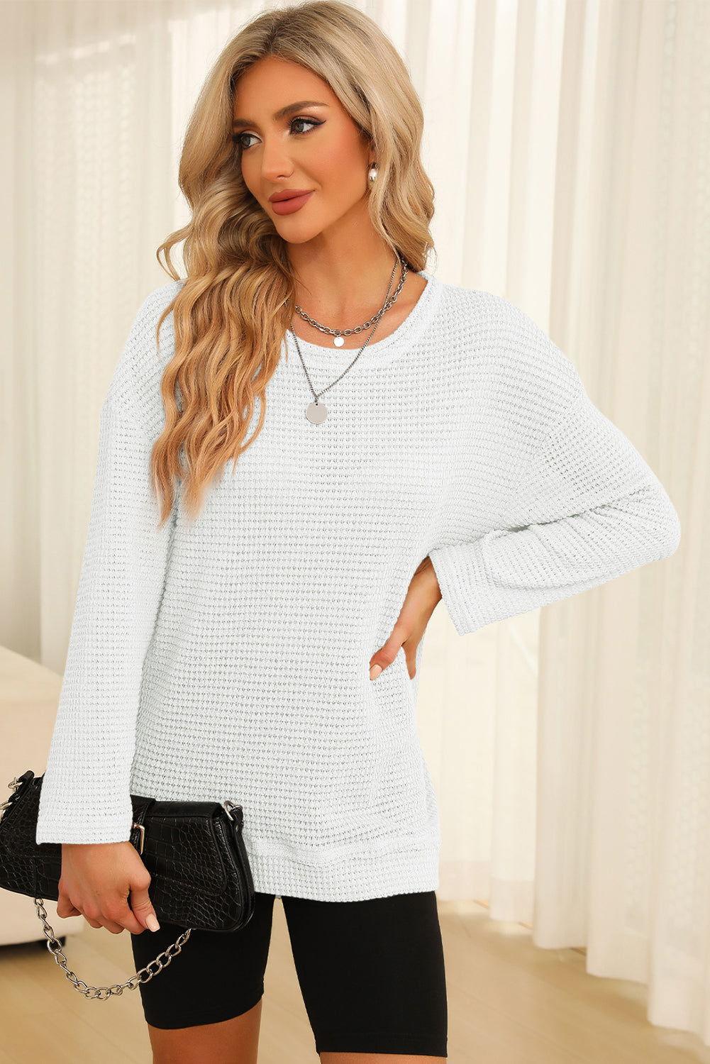 Waffle-Knit Round Neck Long Sleeve Sweatshirt - Clothes For Her Online Store