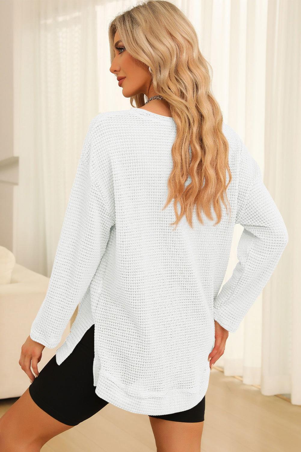 Waffle-Knit Round Neck Long Sleeve Sweatshirt - Clothes For Her Online Store