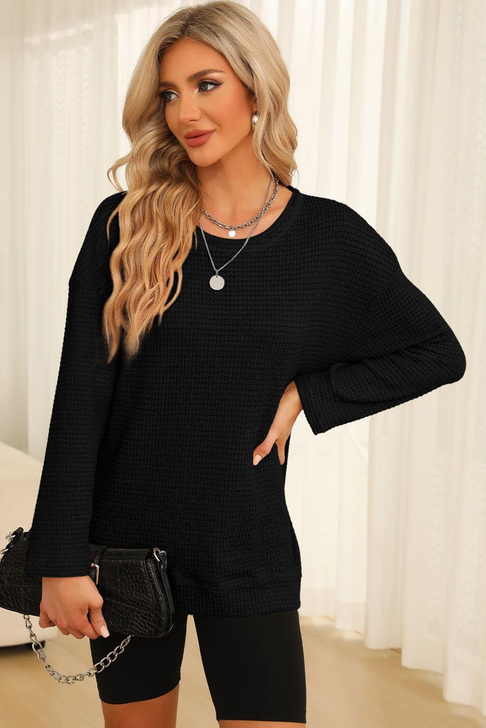 Waffle-Knit Round Neck Long Sleeve Sweatshirt - Clothes For Her Online Store
