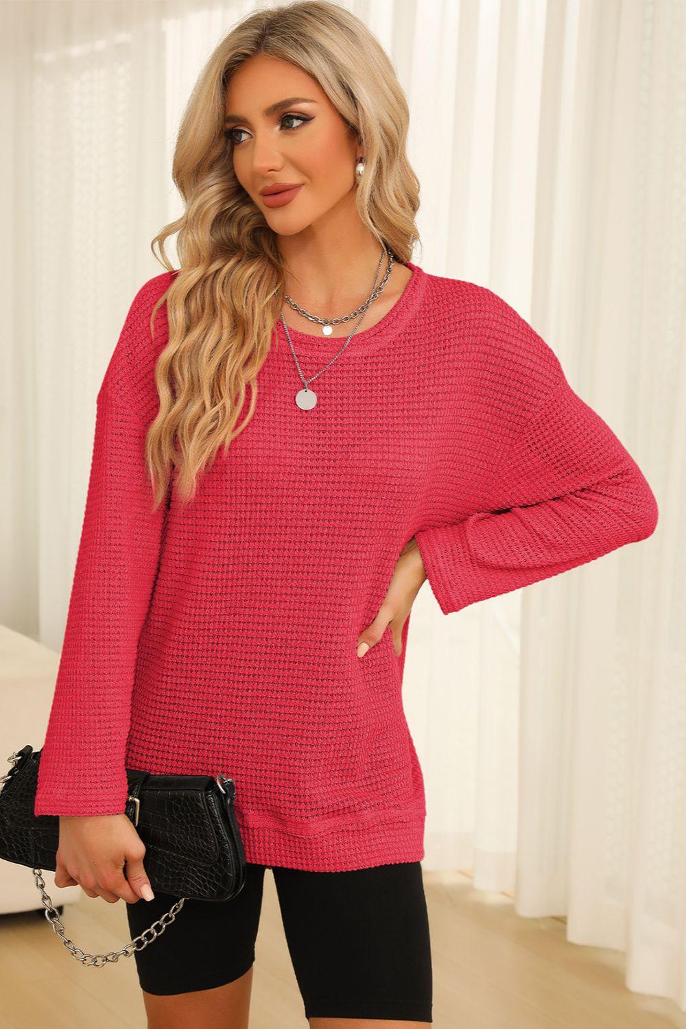 Waffle-Knit Round Neck Long Sleeve Sweatshirt - Clothes For Her Online Store
