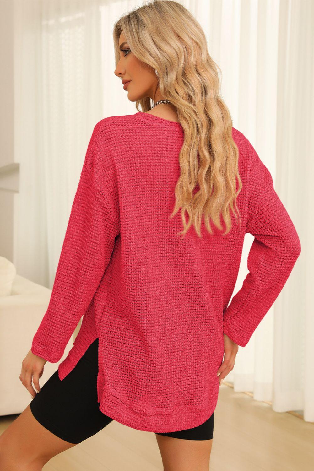 Waffle-Knit Round Neck Long Sleeve Sweatshirt - Clothes For Her Online Store