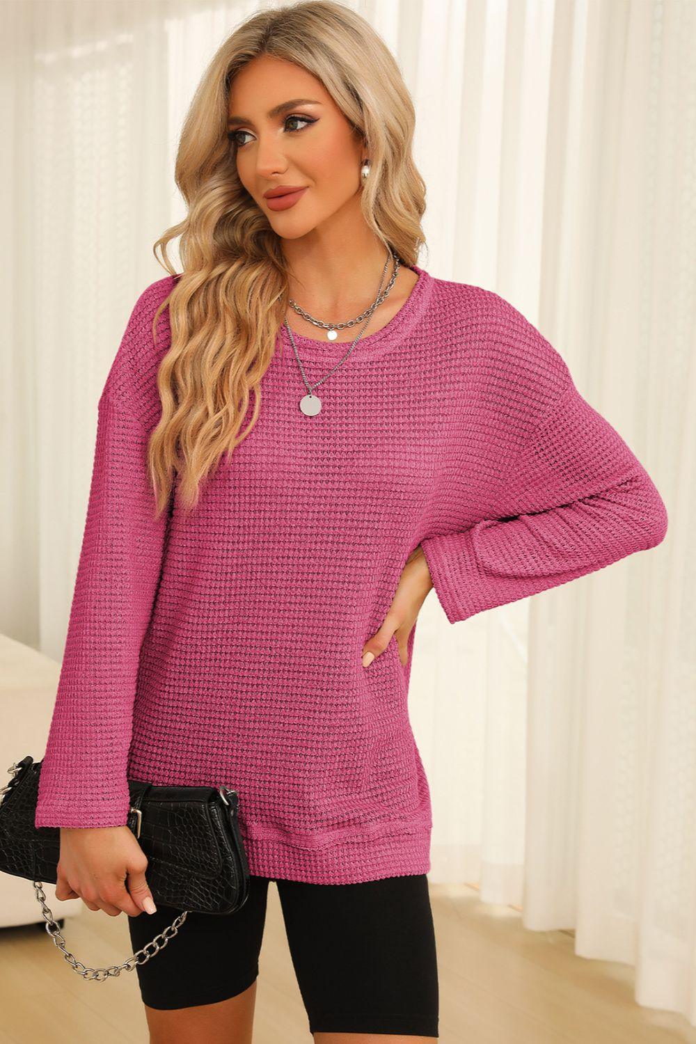 Waffle-Knit Round Neck Long Sleeve Sweatshirt - Clothes For Her Online Store