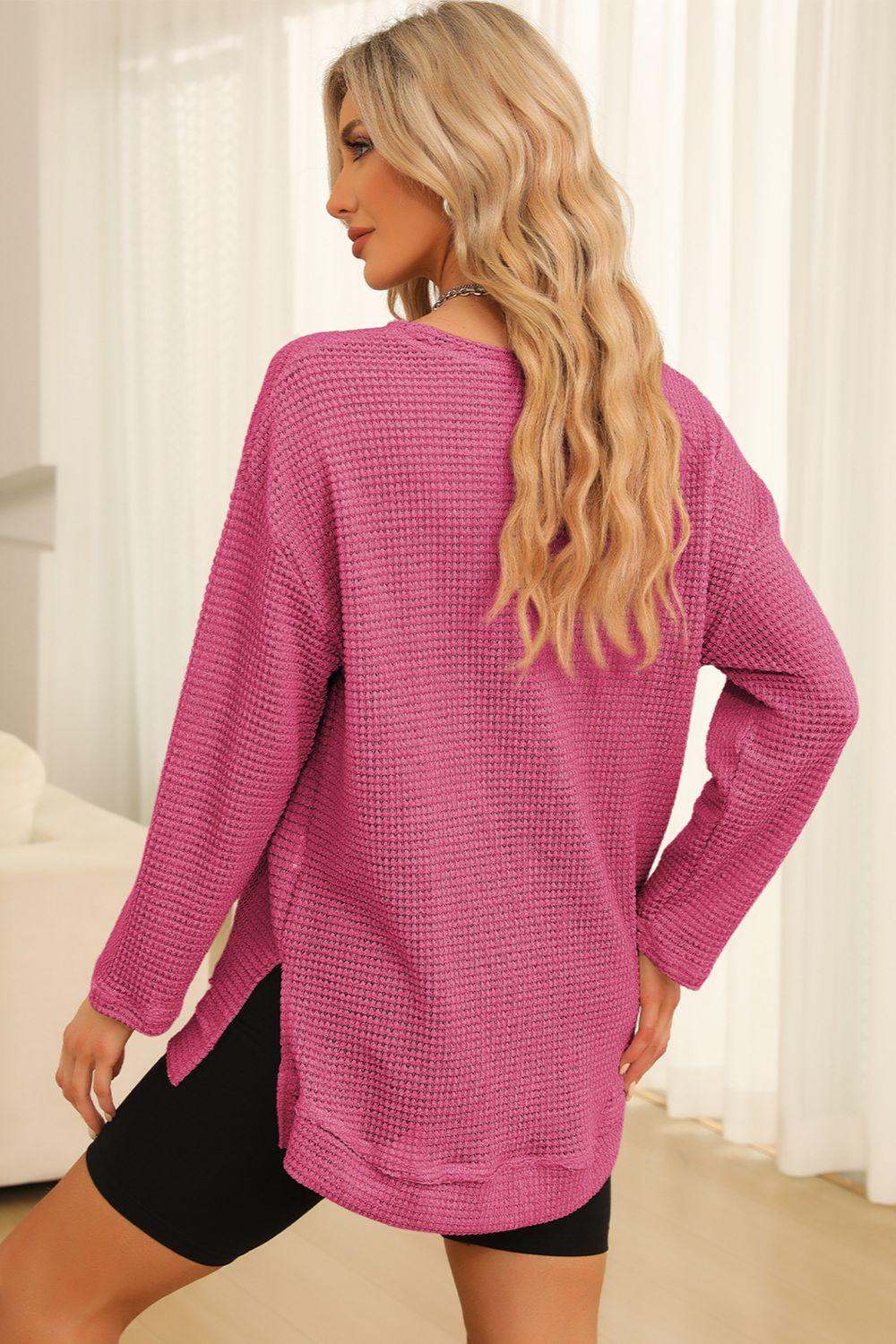 Waffle-Knit Round Neck Long Sleeve Sweatshirt - Clothes For Her Online Store