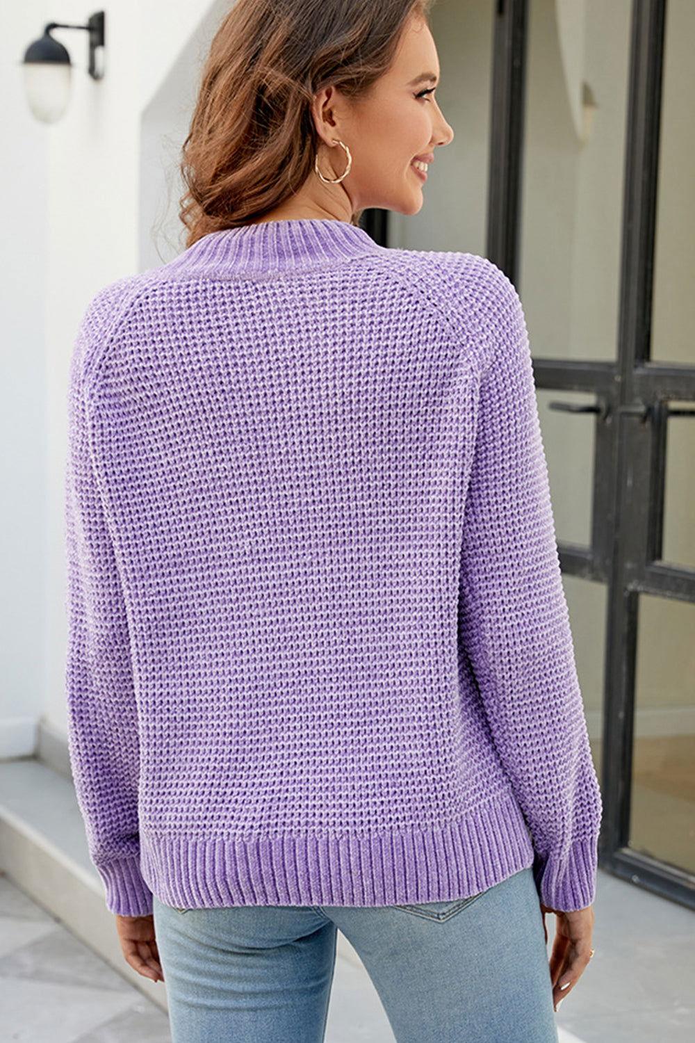 Waffle-Knit Round Neck Reglan Sleeve Sweater - Clothes For Her Online Store