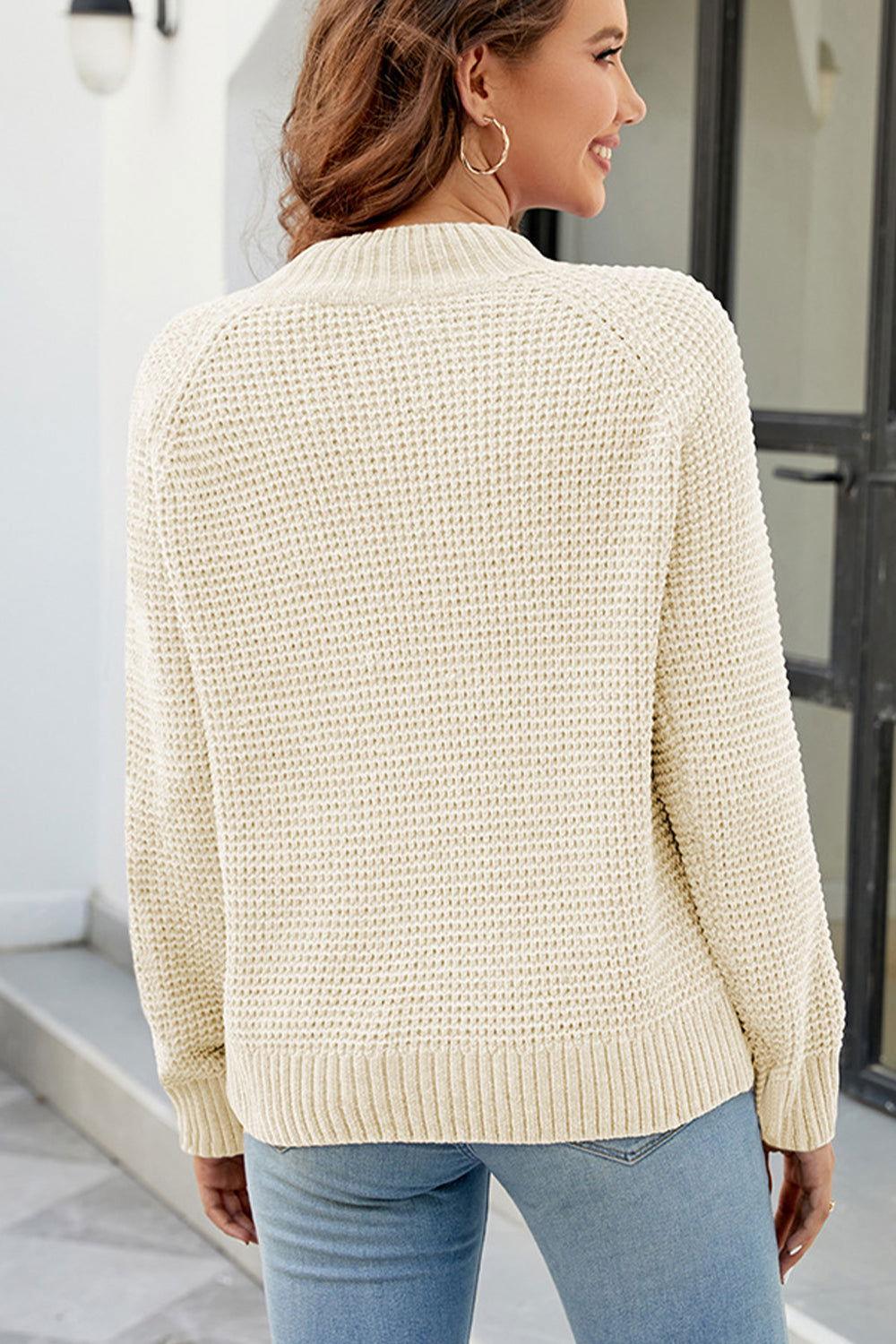 Waffle-Knit Round Neck Reglan Sleeve Sweater - Clothes For Her Online Store