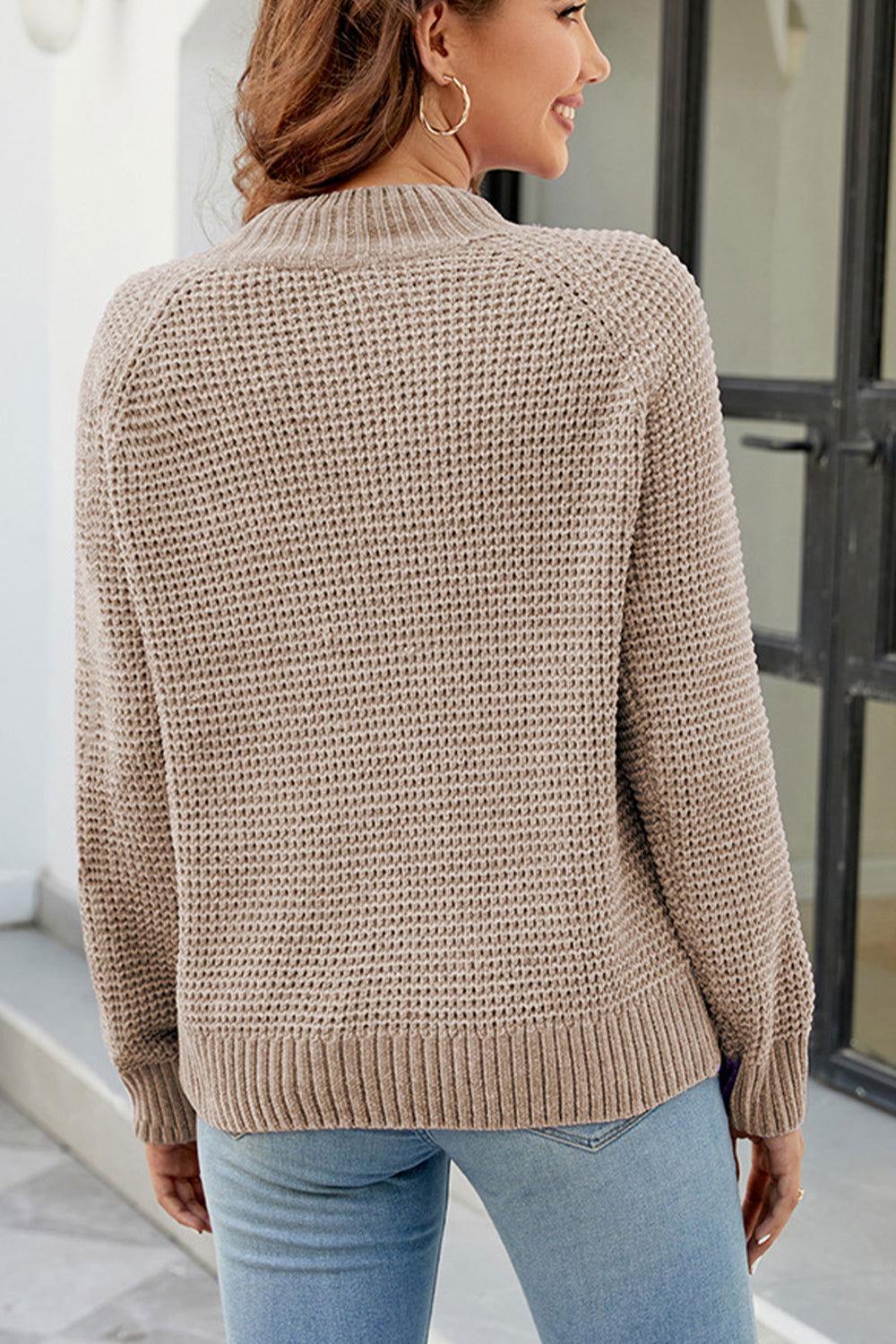 Waffle-Knit Round Neck Reglan Sleeve Sweater - Clothes For Her Online Store