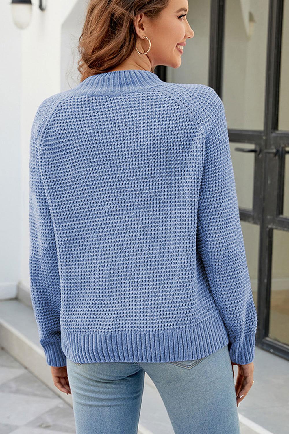 Waffle-Knit Round Neck Reglan Sleeve Sweater - Clothes For Her Online Store