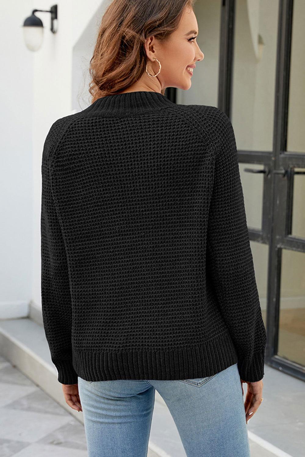 Waffle-Knit Round Neck Reglan Sleeve Sweater - Clothes For Her Online Store