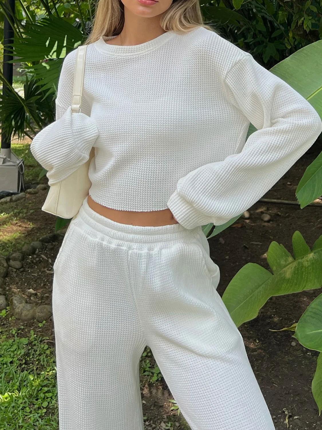 Waffle-Knit Round Neck Top and Pants Set - Clothes For Her Online Store