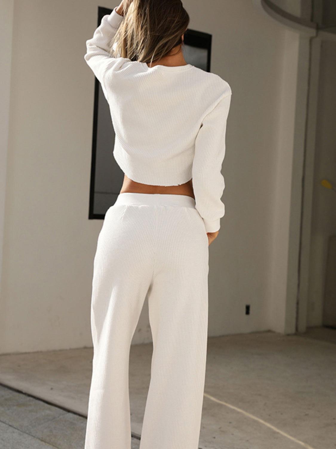 Waffle-Knit Round Neck Top and Pants Set - Clothes For Her Online Store