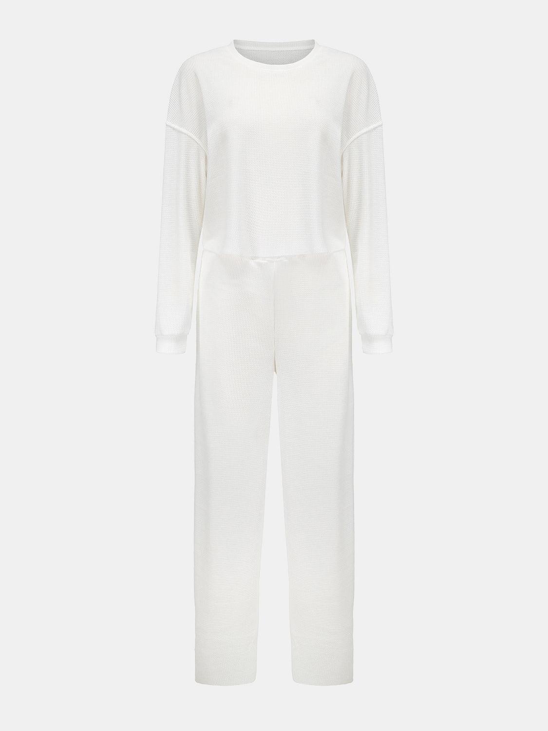 Waffle-Knit Round Neck Top and Pants Set - Clothes For Her Online Store