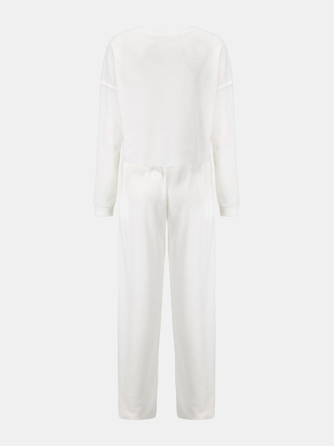 Waffle-Knit Round Neck Top and Pants Set - Clothes For Her Online Store
