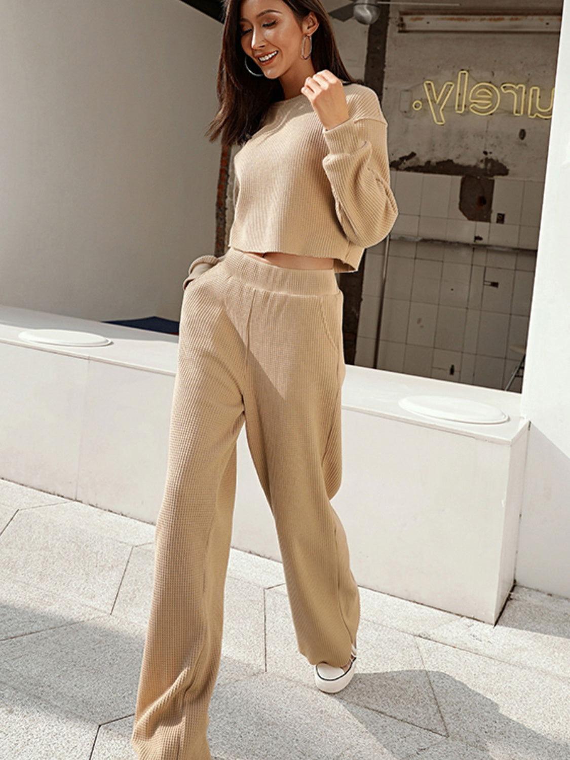 Waffle-Knit Round Neck Top and Pants Set - Clothes For Her Online Store