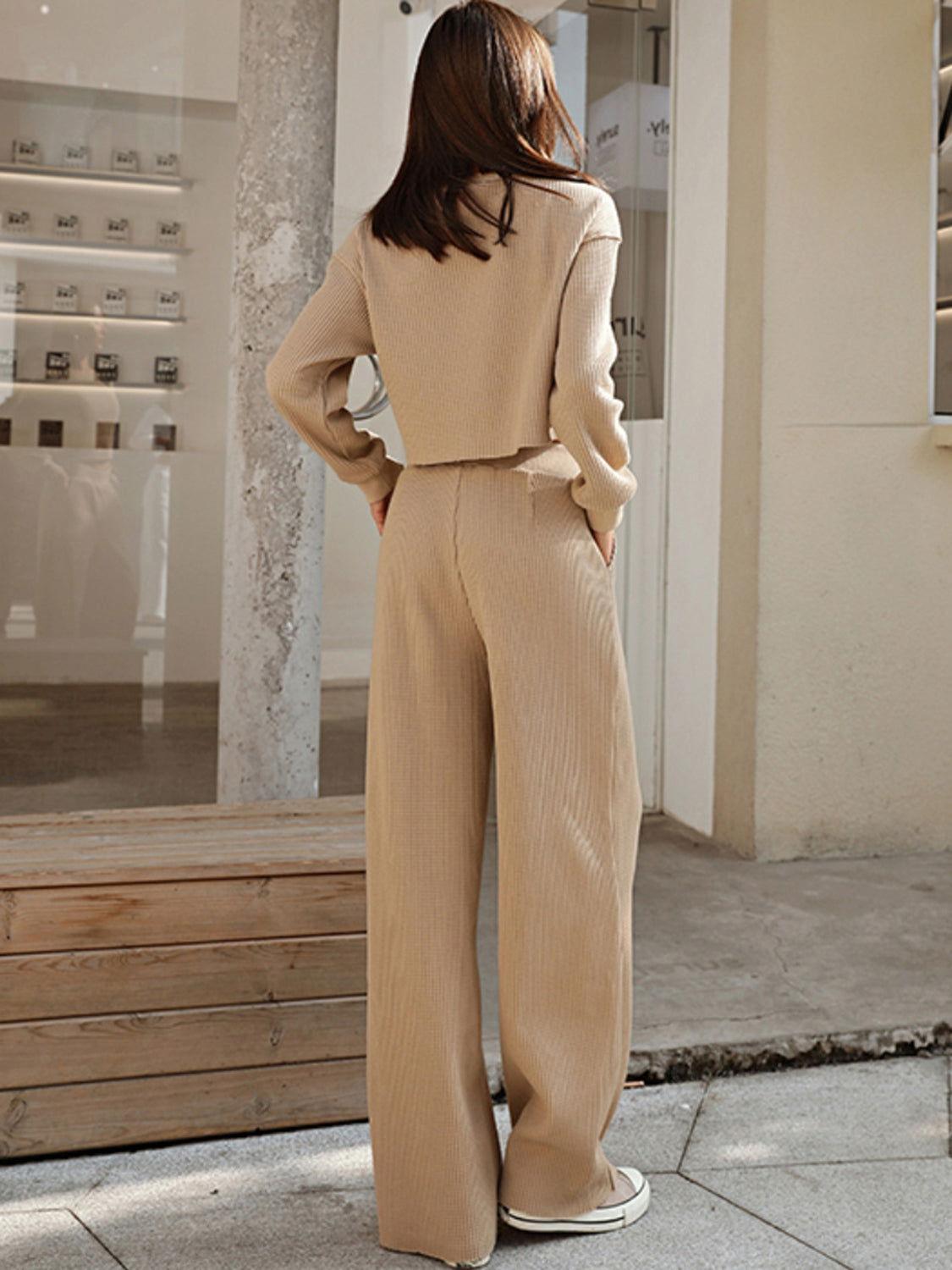 Waffle-Knit Round Neck Top and Pants Set - Clothes For Her Online Store