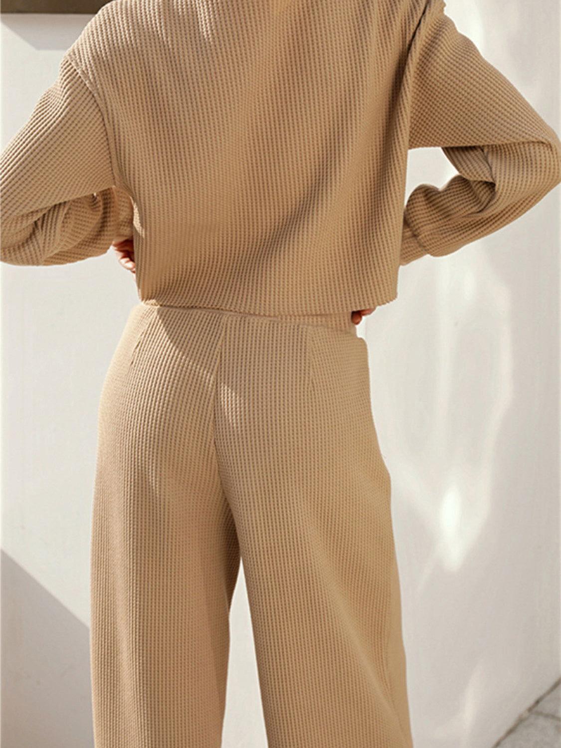 Waffle-Knit Round Neck Top and Pants Set - Clothes For Her Online Store