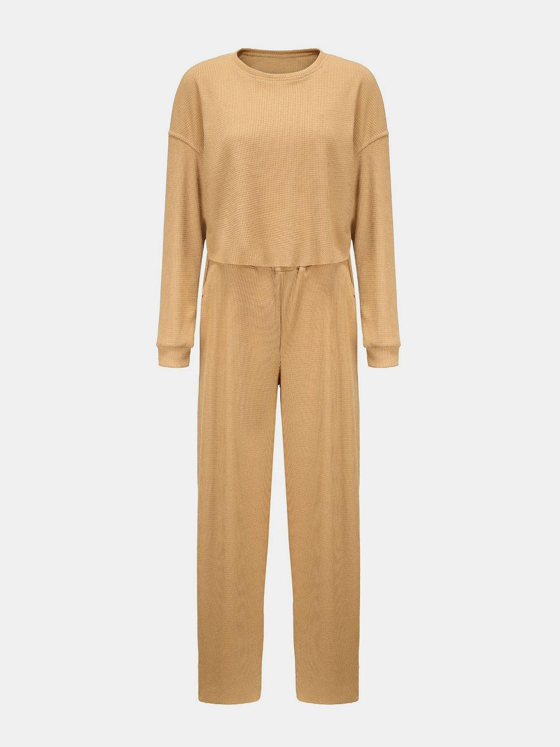 Waffle-Knit Round Neck Top and Pants Set - Clothes For Her Online Store