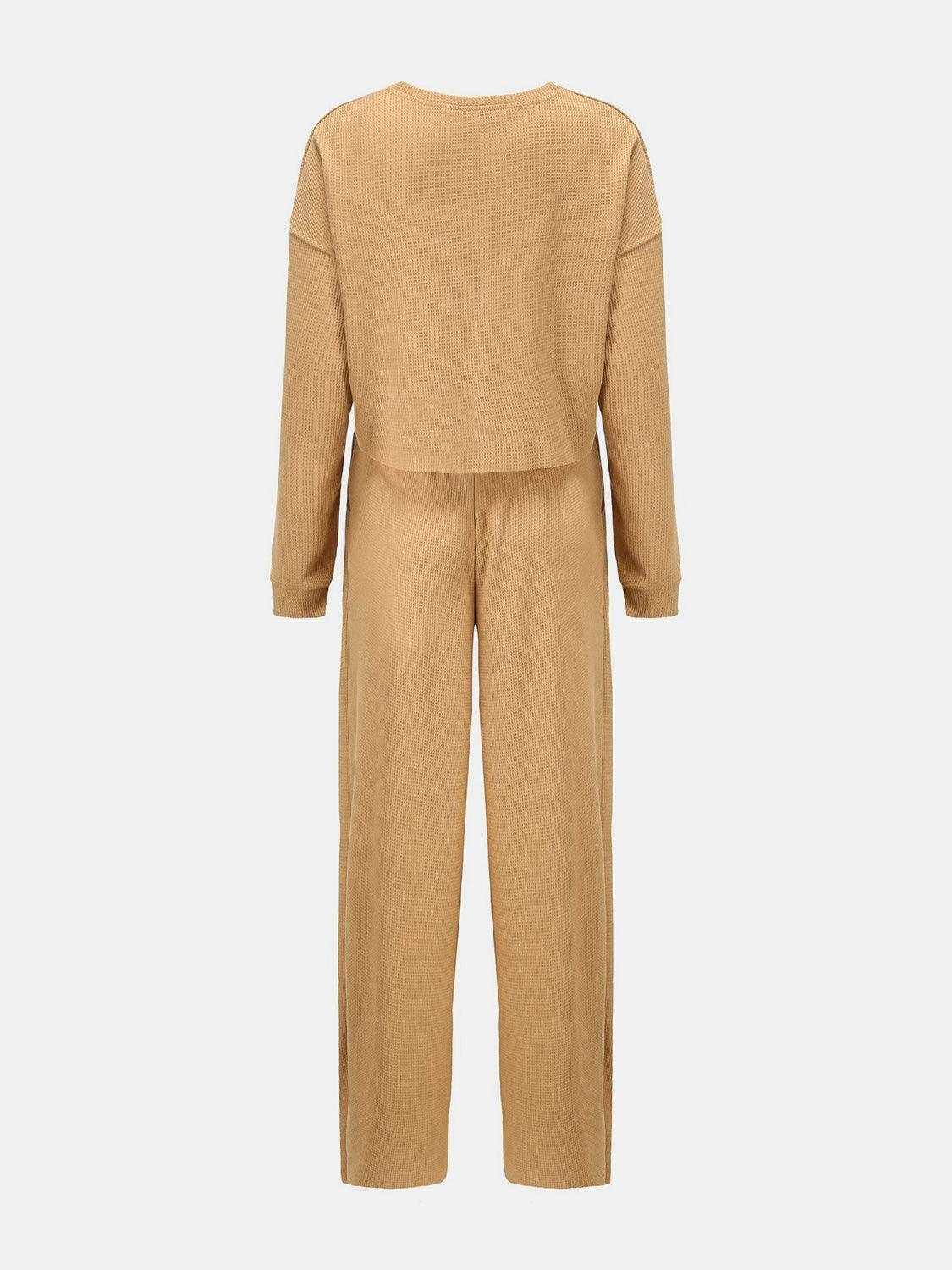 Waffle-Knit Round Neck Top and Pants Set - Clothes For Her Online Store
