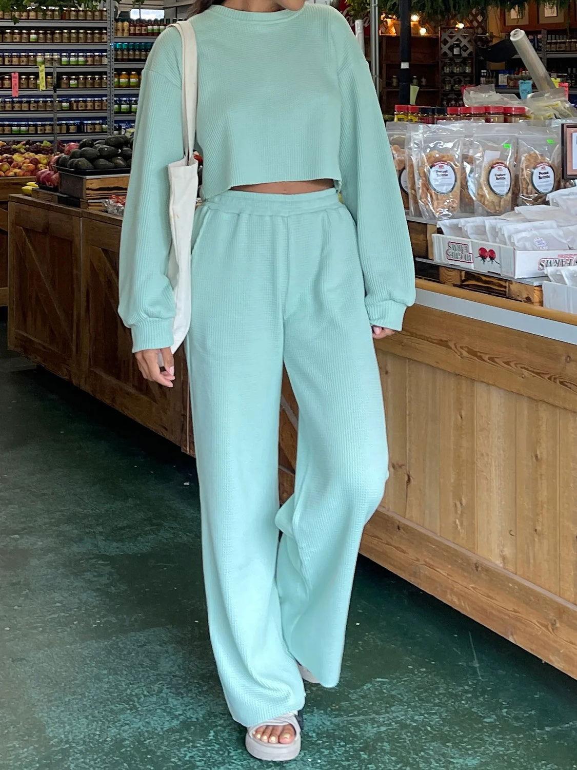 Waffle-Knit Round Neck Top and Pants Set - Clothes For Her Online Store