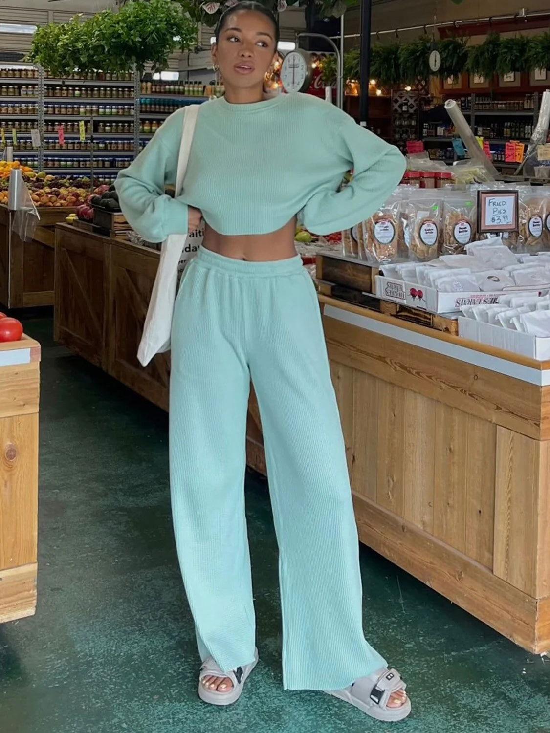 Waffle-Knit Round Neck Top and Pants Set - Clothes For Her Online Store