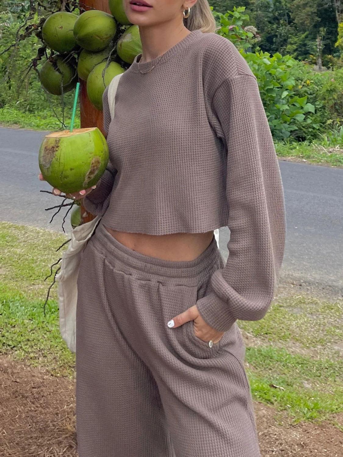 Waffle-Knit Round Neck Top and Pants Set - Clothes For Her Online Store