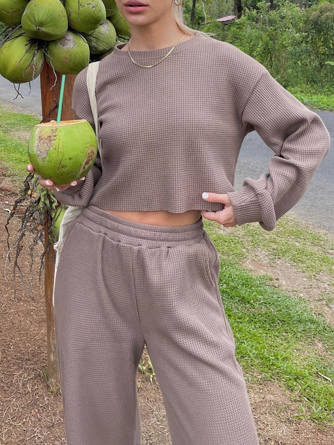 Waffle-Knit Round Neck Top and Pants Set - Clothes For Her Online Store