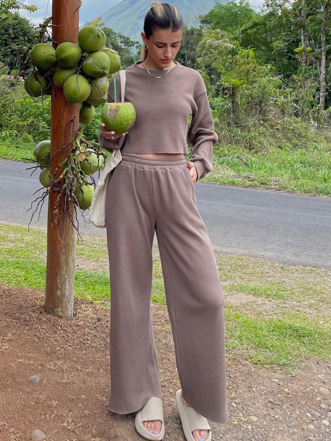 Waffle-Knit Round Neck Top and Pants Set - Clothes For Her Online Store