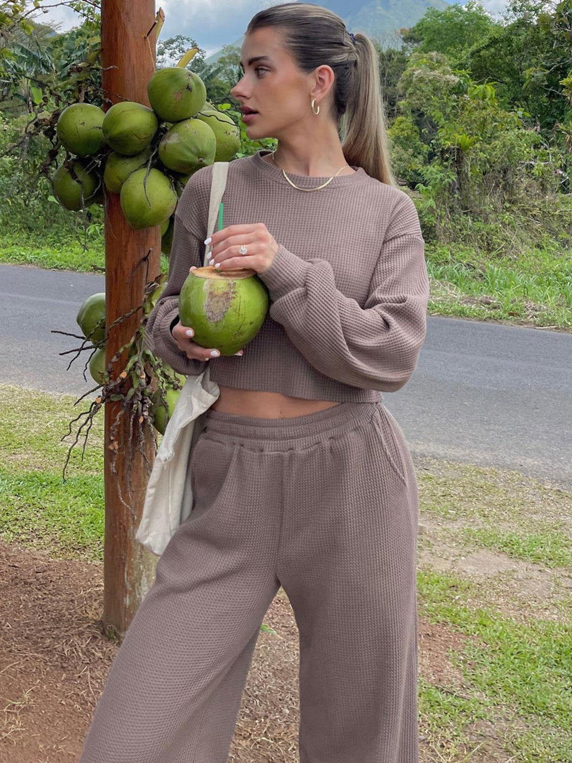 Waffle-Knit Round Neck Top and Pants Set - Clothes For Her Online Store