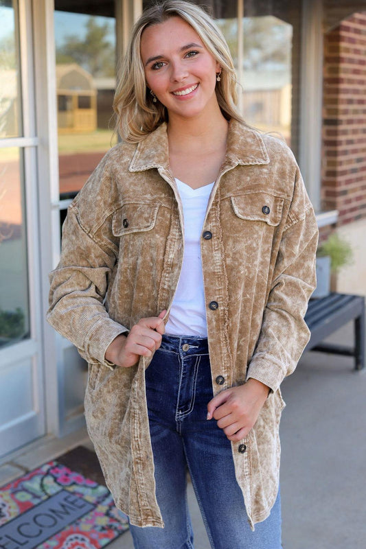 Washed Button Down Dropped Shoulder Jacket - Clothes For Her Online Store