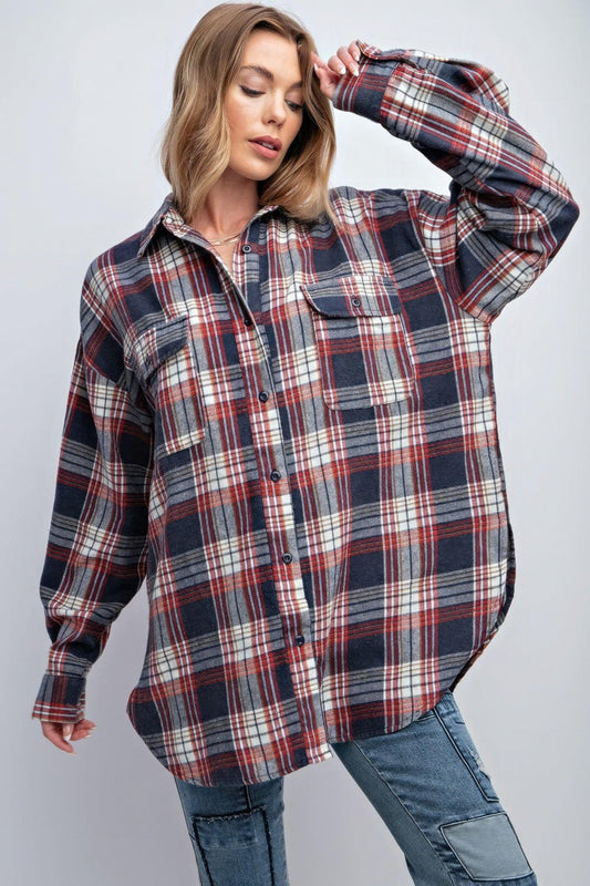Washed Plaid Button Down Shirt - Clothes For Her Online Store