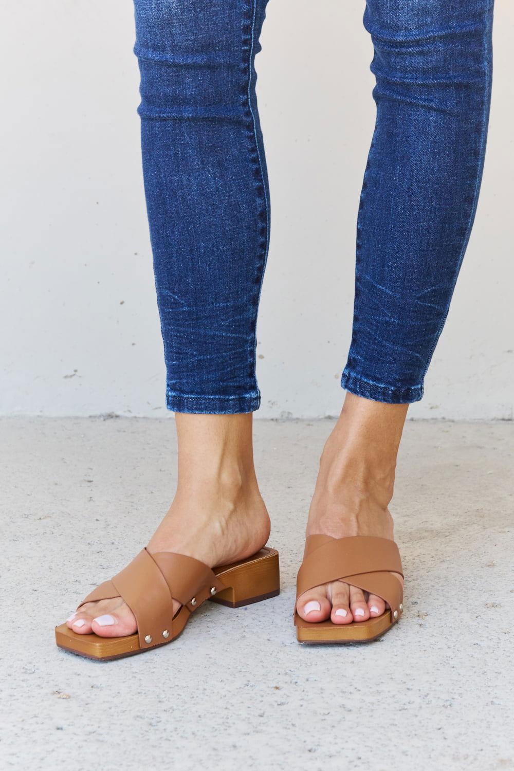 Weeboo Step Into Summer Criss Cross Wooden Clog Mule in Brown - Clothes For Her Online Store