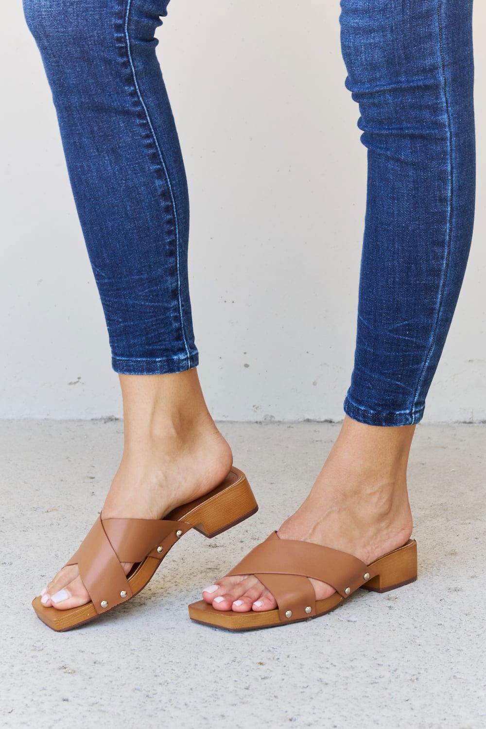 Weeboo Step Into Summer Criss Cross Wooden Clog Mule in Brown - Clothes For Her Online Store