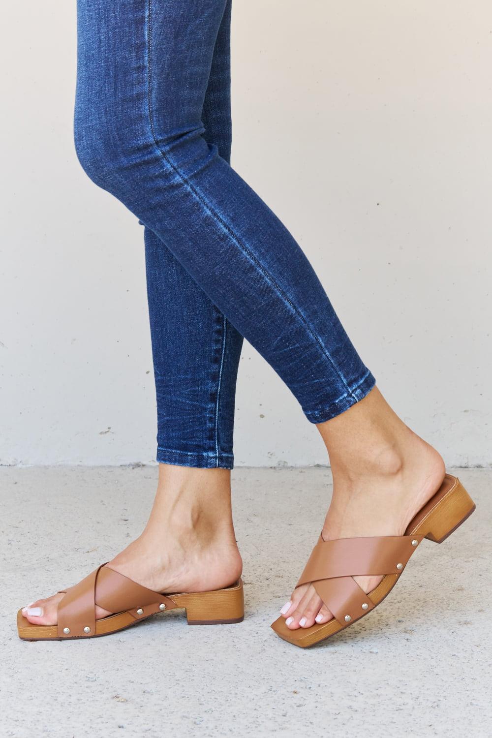 Weeboo Step Into Summer Criss Cross Wooden Clog Mule in Brown - Clothes For Her Online Store