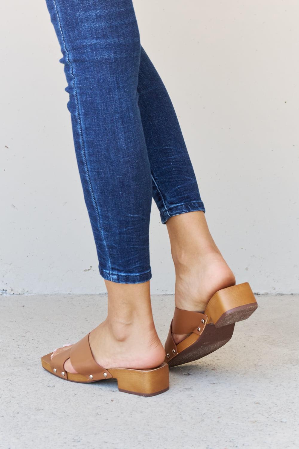 Weeboo Step Into Summer Criss Cross Wooden Clog Mule in Brown - Clothes For Her Online Store