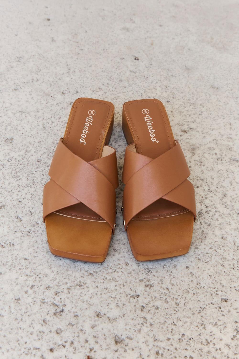 Weeboo Step Into Summer Criss Cross Wooden Clog Mule in Brown - Clothes For Her Online Store