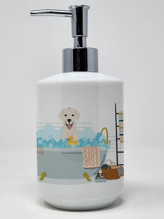 White Cream Labrador Retriever Ceramic Soap Dispenser Hand Soap Dispenser Pump Bottles for Bathroom Kitchen, Empty Refillable Liquid Soap Container