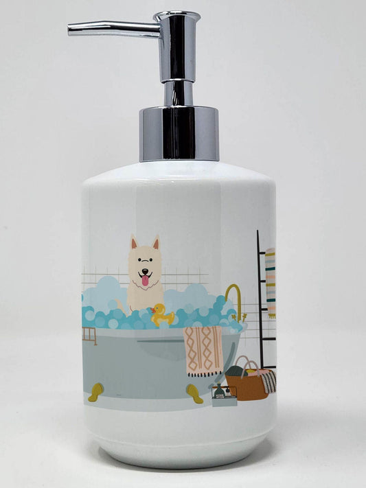 White German Shepherd in Bathtub Ceramic Soap Dispenser Hand Soap Dispenser Pump Bottles for Bathroom Kitchen, Empty Refillable Liquid Soap Container