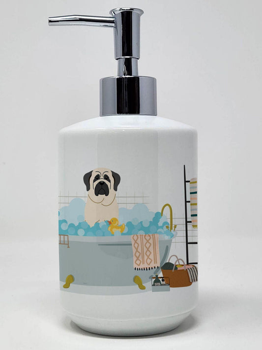 White Mastiff in Bathtub Ceramic Soap Dispenser Hand Soap Dispenser Pump Bottles for Bathroom Kitchen, Empty Refillable Liquid Soap Container