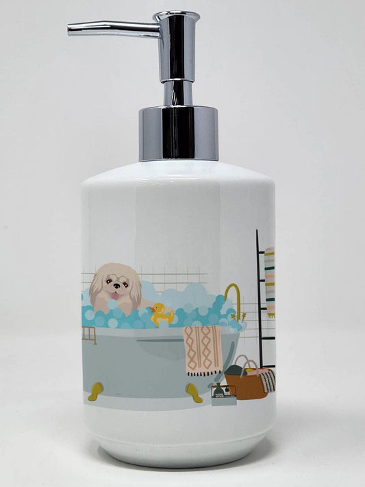 White Pekingese Ceramic Soap Dispenser Hand Soap Dispenser Pump Bottles for Bathroom Kitchen, Empty Refillable Liquid Soap Container