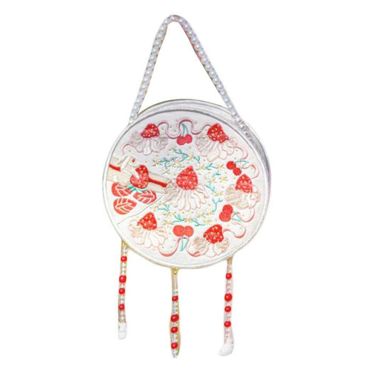 White Vintage Hanfu Embroidery Bag Strawberry Handmade Shoulder Crossbody Bag Cellphone Bag Round Handbag - Clothes For Her Online Store
