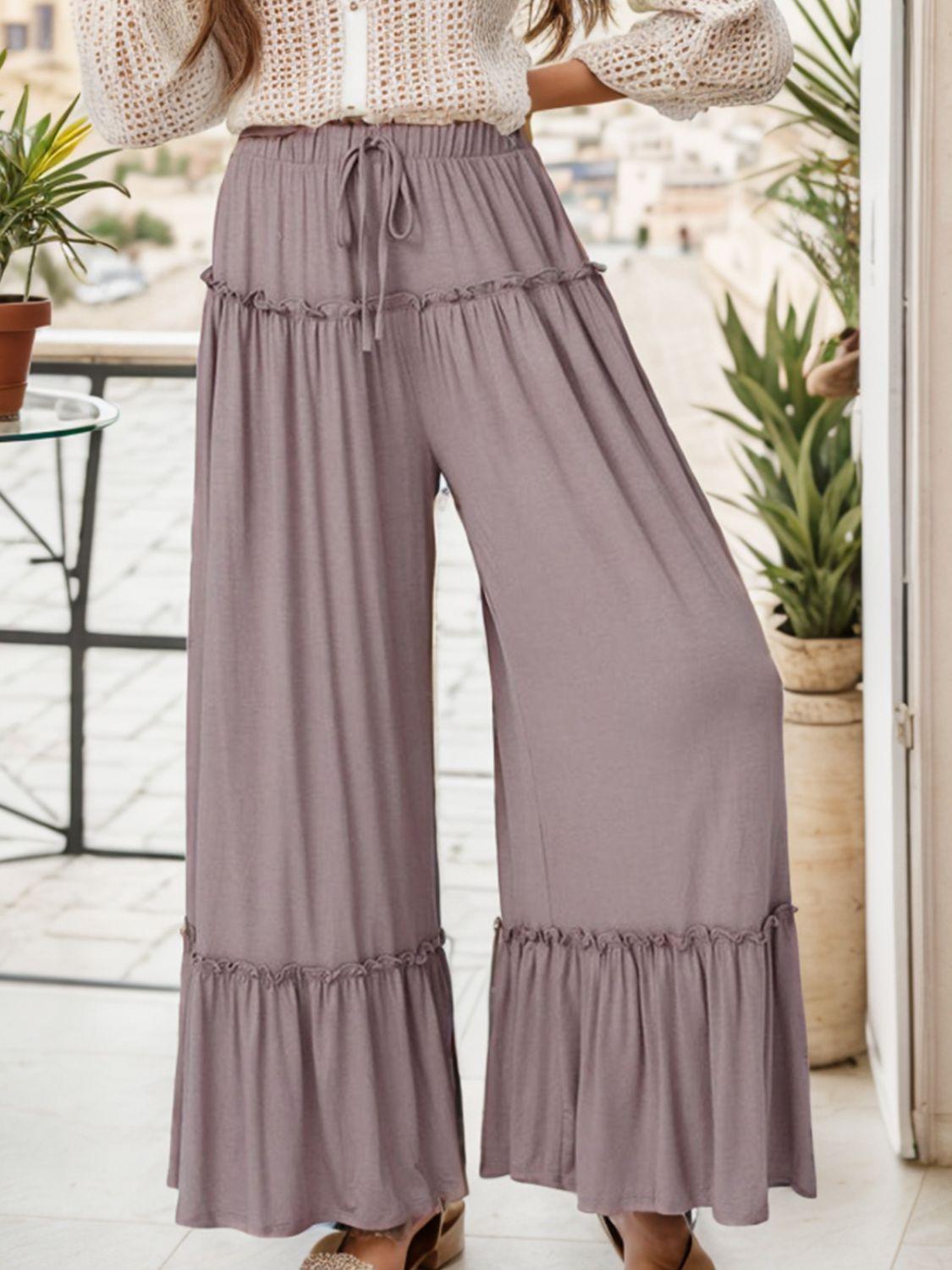 Wide Leg Ruffle Trim Pants