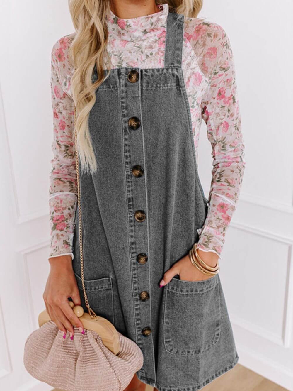 Wide Strap Button Down Denim Overall Dress - Clothes For Her Online Store